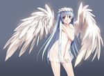 angel_wings blue_hair blush breast_hold breasts brown_eyes cleavage dress feathered_wings grey_background joeian long_hair original see-through simple_background solo white_wings wings 