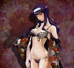 bra breasts cameltoe cleavage gloves highres lace lace_gloves lingerie long_hair lyrical_nanoha mahou_shoujo_lyrical_nanoha medium_breasts navel okota_(pixiv) one_eye_closed panties parted_lips purple_hair shiny shiny_skin side-tie_panties solo tsukimura_suzuka underwear 