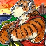  biceps blue_eyes cigarette city clothing crossed_arms dreamworks feline looking_at_viewer madagascar male mammal outside russian shirt solo standing sunset tank_top tiger vitaly vitaly_the_tiger water yad 