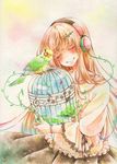  bangs bird birdcage brown_hair cage closed_eyes hair_ornament hairclip headphones iinuma_chika key long_hair musical_note original smile solo traditional_media very_long_hair watercolor_(medium) 