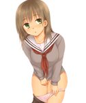  bad_id bad_pixiv_id blush brown_hair clothes_tug covering covering_crotch gomi_yashiki green_eyes highres long_hair open_mouth original panties panty_pull skirt skirt_pull solo sweater sweater_tug underwear 