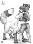  canine claws couple duo embrace feline female fox foxtaur fur gloves_(marking) greyscale hug kacey lion male mammal markings monochrome plain_background socks_(marking) standing tail_button_bottoms tail_clothing tail_tuft taur toe_claws topless tuft whiskers 