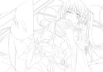  blush breasts covered_nipples greyscale kasumi_komo lineart long_hair lying medium_breasts monochrome on_back original sengoku_koihime solo thighhighs torn_clothes torn_legwear very_long_hair wince 