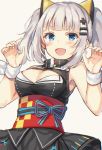  1girl :d armpits bangs bare_arms bare_shoulders black_shirt black_skirt blue_eyes blurry blush breasts claw_pose cleavage cleavage_cutout commentary d-pad d-pad_hair_ornament depth_of_field eyebrows_visible_through_hair fang hair_ornament hairclip hands_up kaguya_luna kaguya_luna_(character) long_hair looking_at_viewer medium_breasts nagisa3710 obi open_mouth ribbon sash shirt sidelocks silver_hair simple_background skirt sleeveless sleeveless_shirt smile solo turtleneck twintails upper_body v-shaped_eyebrows virtual_youtuber white_background white_ribbon wrist_ribbon 