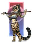  abstract_background anthro armor bandanna black_hair clothed clothing clouded_leopard feline female fingerless_gloves gloves hair jaguar kacey leopard mammal polearm ponytail pose red_eyes smile solo staff stick 