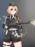  1girl armband bags_under_eyes belt black_gloves blonde_hair brown_eyes commentary_request firing garrison_cap girls_frontline gloves gun hat highres holding holding_gun holding_weapon kirochef korean_commentary military military_hat military_uniform motion_blur mp40 mp40_(girls_frontline) necktie saber_(weapon) sheath sheathed short_hair simple_background skindentation smoke solo submachine_gun sword uniform weapon 