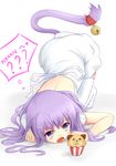  animal_ears bell cat_ears cat_tail fang food jingle_bell long_hair muffin open_mouth original packge purple_eyes purple_hair solo tail tail_bell thighhighs 