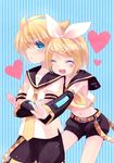  1girl :d ^_^ blush brother_and_sister closed_eyes heart heart-shaped_pupils highres kagamine_len kagamine_rin midriff mvv navel open_mouth siblings smile symbol-shaped_pupils twins vocaloid 
