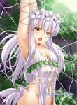  armpits arms_up blush bound breasts cleavage dress flower ge_xi hair_flower hair_ornament long_hair medium_breasts open_mouth original silk solo spider_web tied_up torn_clothes torn_dress watermark web_address white_hair yellow_eyes 