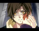  banagher_links blood blood_on_face brown_eyes brown_hair gundam gundam_unicorn hand_on_another's_face hood hoodie isee77630 jacket letterboxed male_focus out_of_frame pov pov_hands solo_focus 