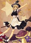  :d bad_id bad_pixiv_id blonde_hair braid broom broom_riding brown_eyes hat hat_ribbon kirisame_marisa long_hair mary_janes mushroom natsume_k open_mouth outstretched_arm ribbon shoes single_braid smile solo star touhou witch_hat 