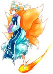  animal_ears bad_id bad_pixiv_id blonde_hair blue_eyes dada_(dolce) dress fox_tail full_body hands_in_opposite_sleeves hat long_sleeves multiple_tails orange_hair pillow_hat shoes short_hair solo tail tassel touhou white_background wide_sleeves yakumo_ran 