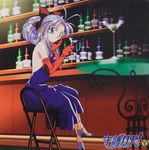  artist_request bar blue_eyes dress elbow_gloves glass gloves highres long_hair mamotte_shugogetten! purple_hair shugogetten_shaolin sitting solo 