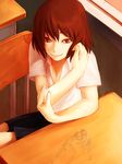  bad_id bad_pixiv_id black_skirt brown_hair collarbone collared_shirt copyright_request desk evil_smile from_above indoors kurohachi looking_at_viewer red_eyes school_desk shirt short_hair skirt smile solo sumo sunlight table white_shirt 