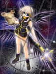  black_wings blonde_hair blue_eyes book chain feathers hair_ornament lyrical_nanoha mahou_shoujo_lyrical_nanoha mahou_shoujo_lyrical_nanoha_a's schwertkreuz solo staff tome_of_the_night_sky wings x_hair_ornament yagami_hayate 