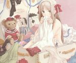  blush bow box brown_hair copyright_request covering green_eyes hair_bow highres in_box in_container konoe_ototsugu leg_garter long_hair nude nude_cover ribbon silver_hair solo stuffed_animal stuffed_toy suitcase teddy_bear 