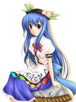  blue_hair food fruit hat hinanawi_tenshi keystone kirisaki_byakko leaf long_hair peach ribbon rope shimenawa solo touhou 