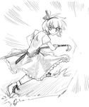  ankle_boots belt boots fighting_stance glaring graphite_(medium) greyscale hikawa_shou katana konpaku_youmu monochrome ready_to_draw sketch socks solo sword touhou traditional_media weapon 