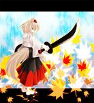  animal_ears awa_toka bad_id bad_pixiv_id detached_sleeves geta hat inubashiri_momiji leaf long_skirt shield short_hair skirt solo sword tail tengu-geta tokin_hat touhou weapon white_hair wolf_ears wolf_tail 