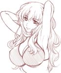  armpits arms_behind_head bikini breasts cleavage covered_nipples kusui_aruta large_breasts long_hair macross macross_frontier monochrome pose sheryl_nome sketch smile solo swimsuit underboob wavy_hair 