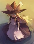  apron black_dress blonde_hair blue_eyes braid clenched_hand dress full_body kirisame_marisa long_hair looking_at_viewer looking_up non-web_source puffy_short_sleeves puffy_sleeves short_sleeves single_braid solo standing standing_on_liquid touhou very_long_hair water 