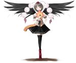  black_hair black_wings covering_mouth fan fujikawa_sakuya geta hat hauchiwa looking_away one_eye_closed shameimaru_aya solo tengu-geta thighhighs touhou wings 