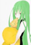  artist_request bangs c.c. cheese-kun code_geass food green_hair long_hair looking_at_viewer mouth_hold pizza pizza_hut sleeveless slice_of_pizza solo source_request upper_body very_long_hair white_background yellow_eyes 