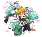  3girls abitu arrancar bleach blush bone centaur chibi child espada facial_mark green_hair hug kurosaki_ichigo long_hair multiple_girls multiple_persona nelliel_tu_odelschwanck older orange_hair resurreccion skirt skull torn_clothes yellow_eyes 