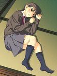  brown_hair cardigan feet kneehighs lying necktie on_floor on_side original school_uniform short_hair skirt socks solo tatami yuuki_keisuke 