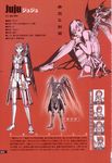  absurdres armor boots character_profile character_sheet choker claws expressions flat_chest frown gloves hair_ornament high_heels highres ishikawa_fumi juju leotard monochrome monster official_art open_mouth over_zenith pink_hair red_hair scan shoes short_hair sitting standing thigh_boots thigh_strap thighhighs translation_request trench_coat white_legwear wings 