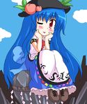  ;p blue_hair blush bow chibi cloud food fruit geetsu hands_on_own_cheeks hands_on_own_face hat head_rest hinanawi_tenshi keystone long_hair looking_at_viewer oekaki one_eye_closed peach red_eyes ribbon rock rope shide shimenawa sitting sitting_on_rock sky smile solo tongue tongue_out touhou 