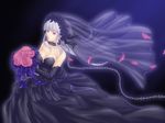  black_dress black_flower black_gloves black_rose black_wedding_dress bouquet breasts bride chain cleavage collar dark_bride dress earrings elbow_gloves flower gloves iga_tomoteru jewelry large_breasts original red_flower red_rose rose solo train_(clothing) wedding_dress 