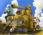  2girls aqua_hair artist_request blonde_hair brother_and_sister dog gatling_gun green_eyes ground_vehicle gun hatsune_miku kagamine_len kagamine_rin military military_vehicle motor_vehicle multiple_girls on_vehicle panzerbuchse_39 rocket_launcher rpg rpg-7 siblings spring_onion steamroller tank twins vocaloid weapon 