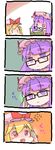  4koma adjusting_eyewear anda_inmu bespectacled blonde_hair blush_stickers book comic fang flandre_scarlet flying_sweatdrops glasses hat mob_cap multiple_girls oekaki patchouli_knowledge purple_eyes purple_hair reading red_eyes silent_comic touhou 