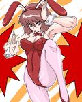  acid_(acid-field) animal_ears bad_id bad_pixiv_id brown_hair bunny_ears bunnysuit copyright_request fighting_stance leg_lift lowres oekaki pantyhose short_hair solo 