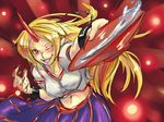  alcohol aryus bad_id bad_pixiv_id blonde_hair cup fingernails horn hoshiguma_yuugi long_fingernails long_hair midriff one_eye_closed red_eyes sakazuki sake solo touhou 