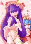  bad_id bad_pixiv_id blush daitai_konna_kanji hair_over_one_eye hat long_hair multiple_girls panties patchouli_knowledge purple_hair remilia_scarlet ribbon side-tie_panties striped striped_panties thighhighs touhou underwear 