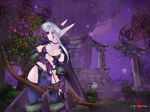  arrow blue_eyes bow_(weapon) bra elbow_gloves elf forest gloves lingerie nature night_elf pointy_ears ruins solo thighhighs underwear warcraft weapon white_hair world_of_warcraft young_wang 