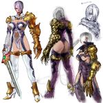  armor artist_request ass breasts cleavage gauntlets high_heels huge_breasts isabella_valentine leather legs leotard lips long_legs official_art shoes short_hair sketch soulcalibur sword thighhighs thighs thong_leotard weapon white_hair 