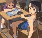  brown_hair camisole classroom desk flat_chest go_robots indoors magazine multiple_girls original school_desk shorts 