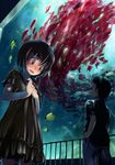  1girl aquarium bad_id bad_pixiv_id blush brown_eyes brown_hair dress fish harepore original short_hair sweat 