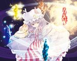  crystal dress glowing hat long_hair long_sleeves magic magic_circle mob_cap paji patchouli_knowledge pink_dress purple_eyes purple_hair solo striped touhou vertical_stripes very_long_hair 