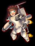  a1 amami_haruka arm_cannon brown_hair gatling_gun green_eyes gun idolmaster idolmaster_(classic) idolmaster_1 maschinen_krieger mecha safs_space_type_fireball solo spacesuit toilet weapon 