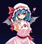  aqua_hair bat_wings blue_background blue_hair blush dark_background gradient gradient_background hat heart parted_lips red_eyes remilia_scarlet short_hair signature smile solo touhou v wings zinno 