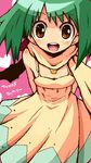  bare_shoulders brown_eyes collarbone cowboy_shot dress green_hair looking_at_viewer macross macross_frontier open_mouth outstretched_arms ranka_lee round_teeth scarf shirono short_hair sleeveless sleeveless_dress solo sundress teeth yellow_dress yellow_scarf 