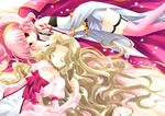  anya_alstreim bed blush brown_hair closed_eyes code_geass dress flat_chest kijima_renga knights_of_the_round_uniform long_hair multiple_girls nunnally_lamperouge pink_hair red_eyes ribbon sakurazawa_izumi shorts tattoo thighhighs 