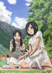  barefoot black_hair brown_hair cat chopsticks cloud day dress faceless flower food grass jewelry long_hair mouth_hold multiple_girls nature necklace onigiri open_mouth original outdoors picnic short_hair skirt sky tamaru_tokihiko tree 