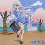  artist_request blue_eyes cherry_blossoms highres long_hair mamotte_shugogetten! purple_hair school_uniform shugogetten_shaolin solo wind wind_lift 