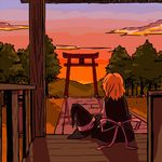  blonde_hair from_behind hat hat_removed headwear_removed kannari kirisame_marisa muted_color short_hair sitting solo sunset torii touhou veranda witch_hat 