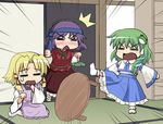  3girls =_= angry apron blonde_hair blush chibi detached_sleeves domestic_violence drunk frog green_hair haniwa_(leaf_garden) headband kicking kochiya_sanae moriya_suwako multiple_girls necktie necktie_on_head open_mouth purple_hair ragequit skirt snake socks table table_flip takeout_container tears touhou triangle_mouth yasaka_kanako 